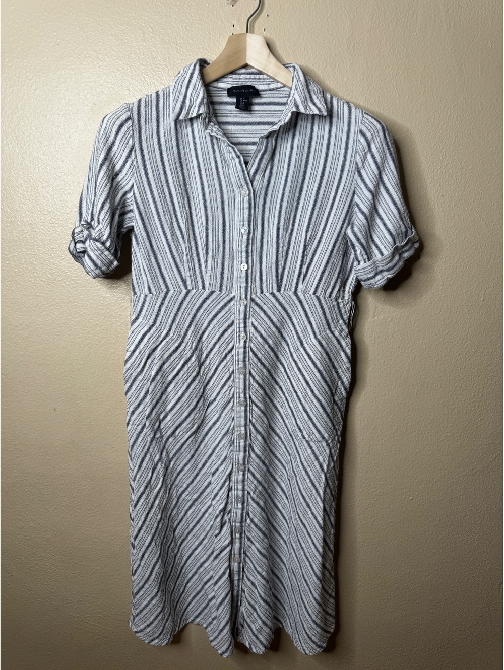 Tahari Womens M Linen Blend Striped Button Front Shirt Dress Roll Tab Sleeve